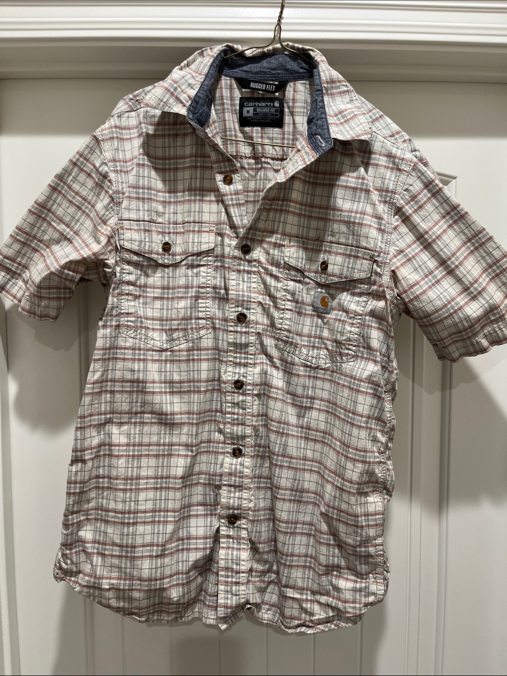 Carhartt Short-Sleeve Plaid Button-Down Shirt in Cream and Red-Striped